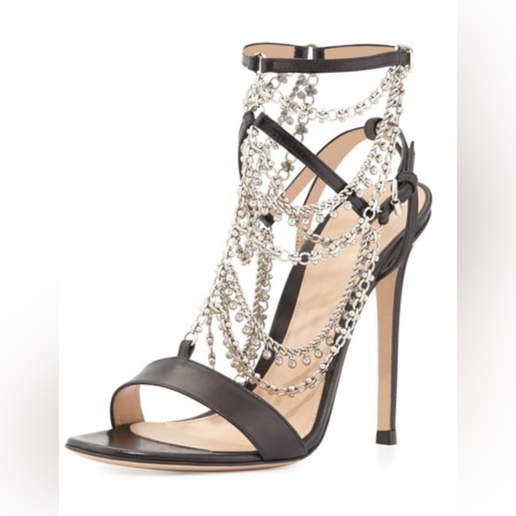 Gianvito Rossi Shoes - Gianvito Rossi Leather Chain-Link Accents Slingback Sandals size 6.5 37